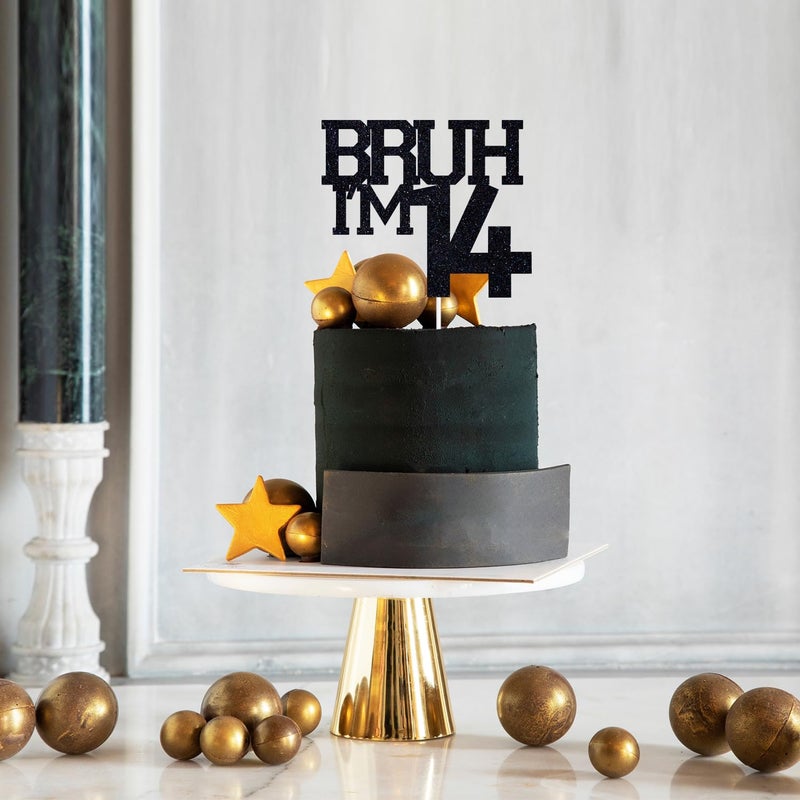 ZACHAKO Black Glitter Bruh I'm 14 Cake Topper  Happy 14th Birthday/Bro I'm 14  Funny 14th Birthday Party Decorations - Image 4
